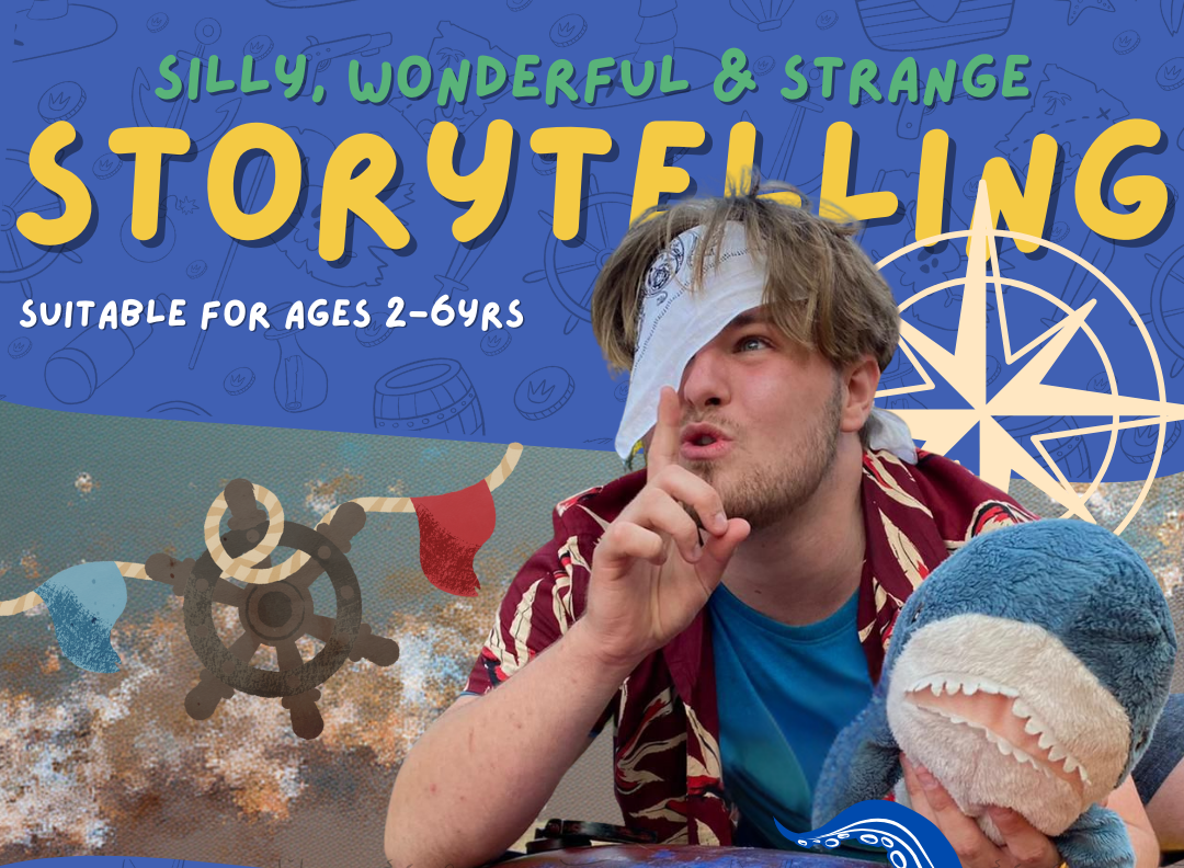 storyteller Owen Ellis dressed as a pirate holding shark cuddly toy