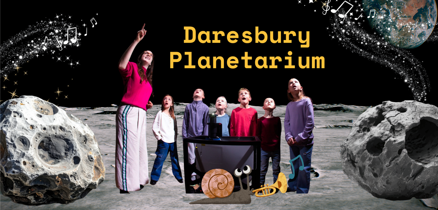 An adult and children stood on the moon