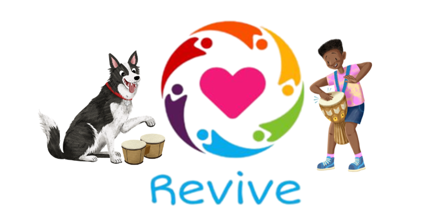 Revive logo and a cartoon image of a dog and a boy playing drums