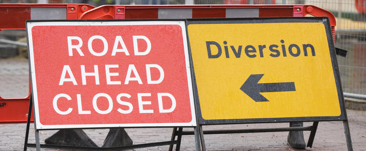 Road ahead closed and diversion sign
