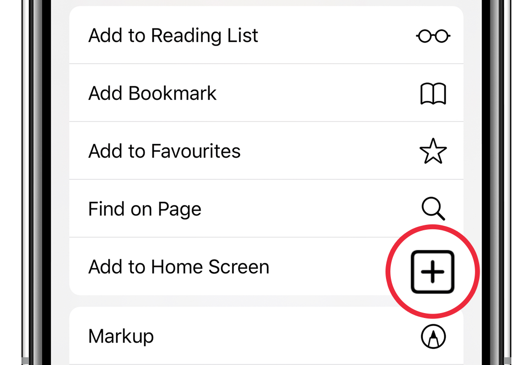 Safari browser with the 'Add to home screen' icon