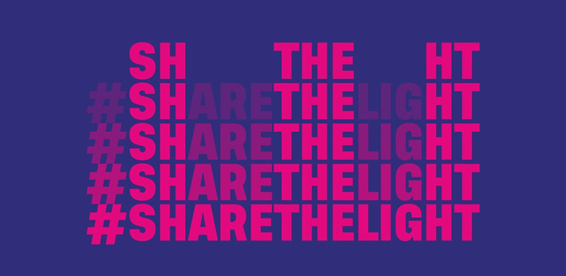 A colourful visual in pink and purple with the hashtag Share the Light