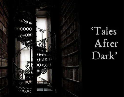 Spiral staircase lit by a window with bookshelves in shadow