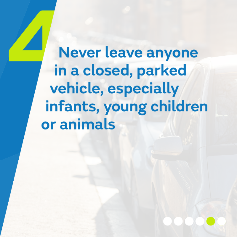 4. Never leave anyone in a closed, parked vehicle, especially infants, young children or animals.