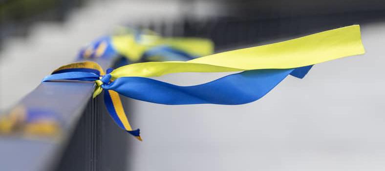 Ukraine coloured ribbons on a handrail