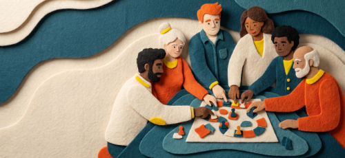 An illustration of people around a table playing a game