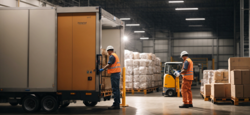 Two people working in a logistics warehouse loading a truck