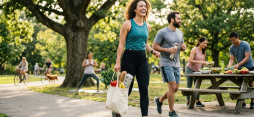 A man and a woman walking in a park
